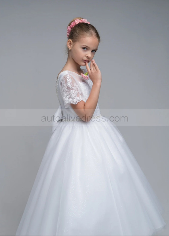 Beaded Short Sleeves White Lace Glitter Tulle Flower Girl Dress